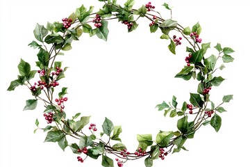 Fototapeta premium Beautiful Christmas Wreath with Holly Berries in Soft Watercolor Style on Blank Background