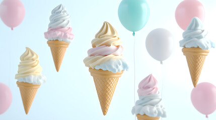 Pastel ice cream cones floating in the air with clouds or pastel balloons attached