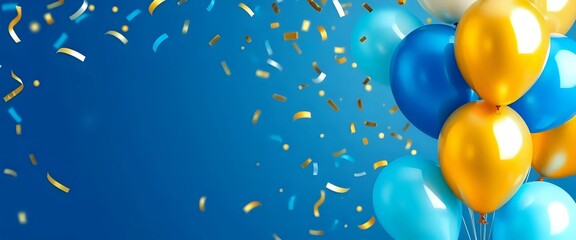 Blue yellow balloons confetti isolated on blue background for events and celebration concept.	
