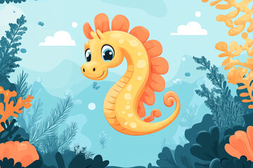 Adorable Yellow Seahorse Swims in Ocean Coral Reef