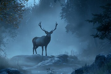 Naklejka premium Majestic Stag in a Misty Forest Landscape