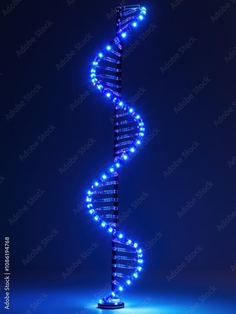 Poster the vibrant blue dna double helix is elegantly lit in a dark setting, emphasizing its intricate desi