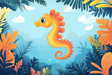 Obraz premium A Cute Orange Seahorse Swims Amongst Lush Tropical Plants