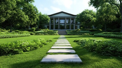 Obraz premium A serene garden pathway leading to a modern building.