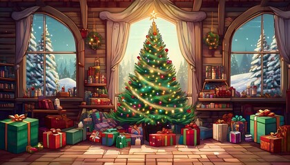 Fototapeta premium Cozy holiday setting featuring a sparkling Christmas tree surrounded by colorful gifts and festive decorations. Generative AI