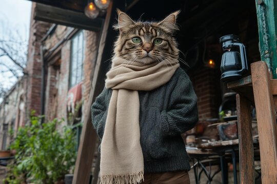 A tall catman in a sweater and scarf stands outside a cozy rustic building