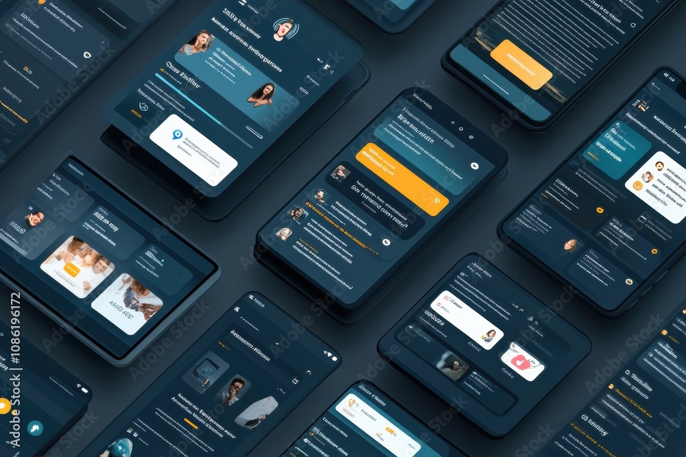 Fototapete A collection of mobile screens showcases different social media app interfaces highlighting user profiles and interaction notifications. Generative AI
