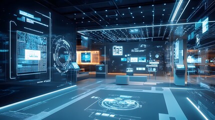 50. A futuristic customer experience center with holographic product demos, virtual sales assistants, and floating customer interaction points