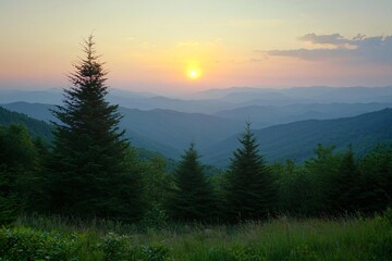 Obraz premium Serene Sunset Over Mountainous Landscape