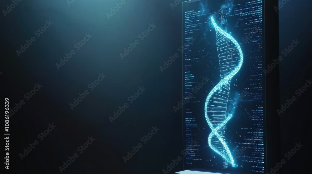 Aufkleber a glowing dna double helix is featured on a digital screen in a lab, highlighting genetic informatio