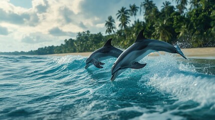 Obraz premium Two dolphins leap from the ocean waves against a backdrop of tropical palm trees.