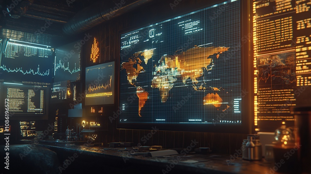 Poster a high-tech control room displaying global data analytics and digital maps.