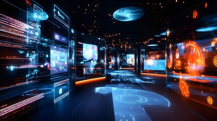 32. A holographic technology lab with virtual reality prototypes, floating code screens, and interactive holograms of cutting-edge gadgets