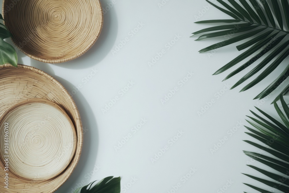Poster woven baskets in varying sizes are placed alongside fresh green palm leaves on a light surface, enha