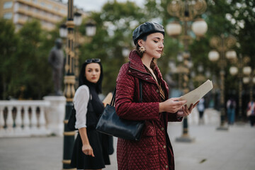 Fototapeta premium Two fashionable women in an urban area, one holding documents and another observing, showcasing style and professionalism. The image conveys a sense of modern business and sophistication.