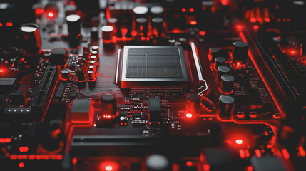 Fototapeta premium Close-Up of a High-Tech Computer Motherboard Featuring Intricate Circuits and Dynamic Lighting for Innovation and Technology Inspiration