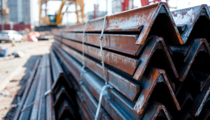 A stack of metal I-beams in a construction yard, ready for large-scale projects, highlighting their strength and industrial beauty.

