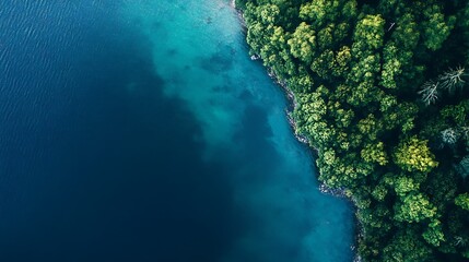 Aerial view of forest meeting turquoise lake. Nature, ecology, and environmental concept.