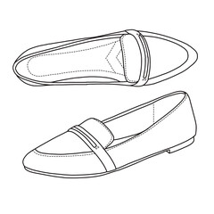 Women's Loafer Slip On Ballet Flat shoes Line art, Technical sketch hand drawing outline vector doodle side isometric and top view isolated on white background