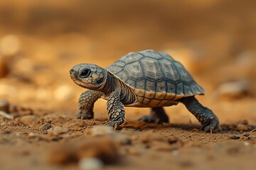 Obraz premium Young Tortoise Adventuring Through a Sandy Landscape