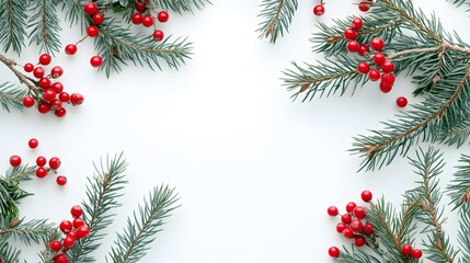 Evergreen Branches with Red Berries on a White Background