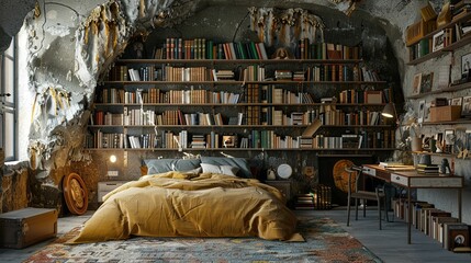 Naklejka premium Rustic room with bookshelves, bed and desk.