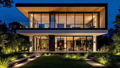 Obraz premium Modern house glowing at night with elegant lighting and lush surroundings.