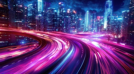 Obraz premium A vibrant cityscape at night with glowing lights and flowing traffic.