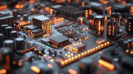 Close-up of a circuit board with glowing components, showcasing technology and design.