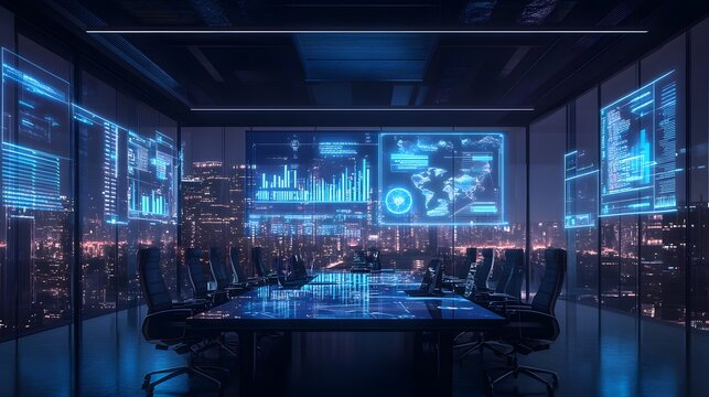 41. A futuristic corporate headquarters with holographic leadership meetings, floating company growth charts, and virtual team brainstorming sessions - Powered by Adobe