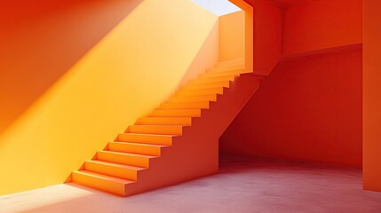 A vibrant orange interior featuring a staircase and minimalist design.