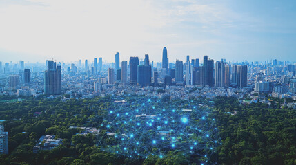 Obraz premium Aerial View of a Modern Cityscape Featuring Interconnected Technology and Lush Green Spaces under a Bright Sky