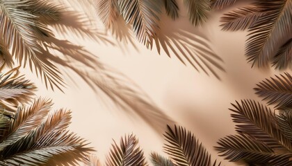 Shadows of palm leaves on a beige background, travel , frame , space for text