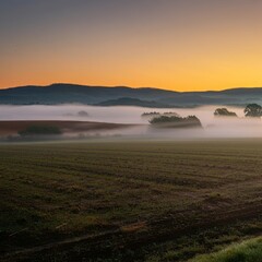 Obraz premium Serene sunrise view over a foggy countryside field