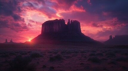A stunning sunset over a majestic rock formation in a desert landscape.