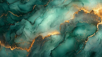 Abstract fluid art with teal and gold tones creating a soothing and elegant visual effect.