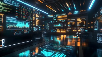 19. A virtual financial trading floor with holographic stock charts, floating investment reports, and dynamic market analysis in 3D