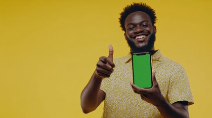 A cheerful man shows enthusiasm by giving a thumbs up with one hand while holding a smartphone displaying a green screen in the other hand against a vibrant yellow backdrop