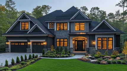 Modern home exterior with landscaped garden at dusk.