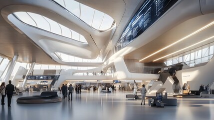 20. A spaceport terminal with holographic flight information displays, digital boarding passes, and a futuristic departure lounge