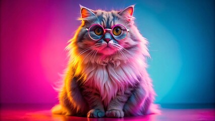 A fluffy Persian cat wearing oversized round glasses sitting against a glowing neon pink background.  