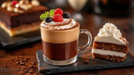 A decadent dessert scene featuring a layered coffee drink topped with cream and berries, paired with a slice of rich cake on a dark slate surface.