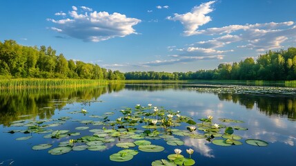 Fototapeta premium Serene Lake with Water Lilies and Lush Green Trees