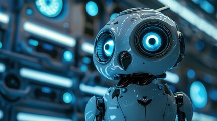 Fototapeta premium Cute owl robot blue and white cyberpunk style, copy space, AI generated image