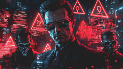 Businessmen in a Corporate Setting Facing Digital Threats and Challenges with a Futuristic, Cyberpunk Aesthetic