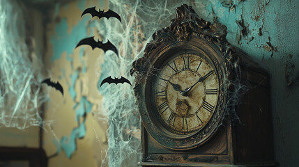 Fototapeta premium A dusty vintage clock adorned with bat hour hands, sitting silently amidst cobwebs and peeling walls in an old, mysterious room