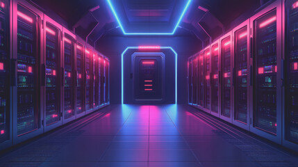 Digital Data Flow in Cyber Surveillance Environment: Futuristic Server Room with Neon Lights and High-Tech Infrastructure