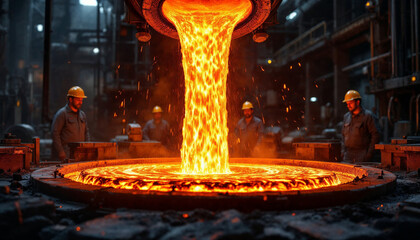 Close-up of molten steel pouring, glowing hues, workers focused, intense industrial scene.