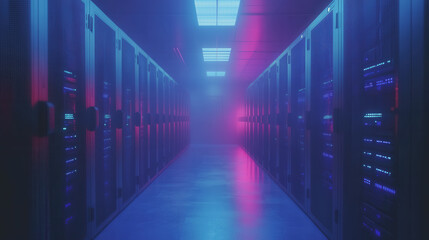 Futuristic Cyber Surveillance Concept with Digital Data Flowing Through Server Room Displaying Vibrant Neon Lights and High-Tech Environment