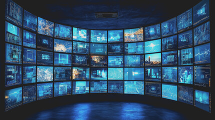 Futuristic Digital Surveillance Technology Concept Featuring Multiple Displays in a Dark Environment with Data Visualization and Analytics